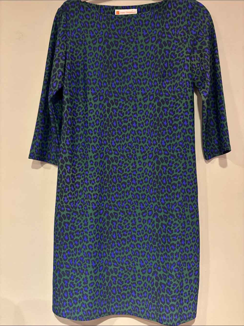 Jude Connally Green and Blue Leopard Midi Shift Dress